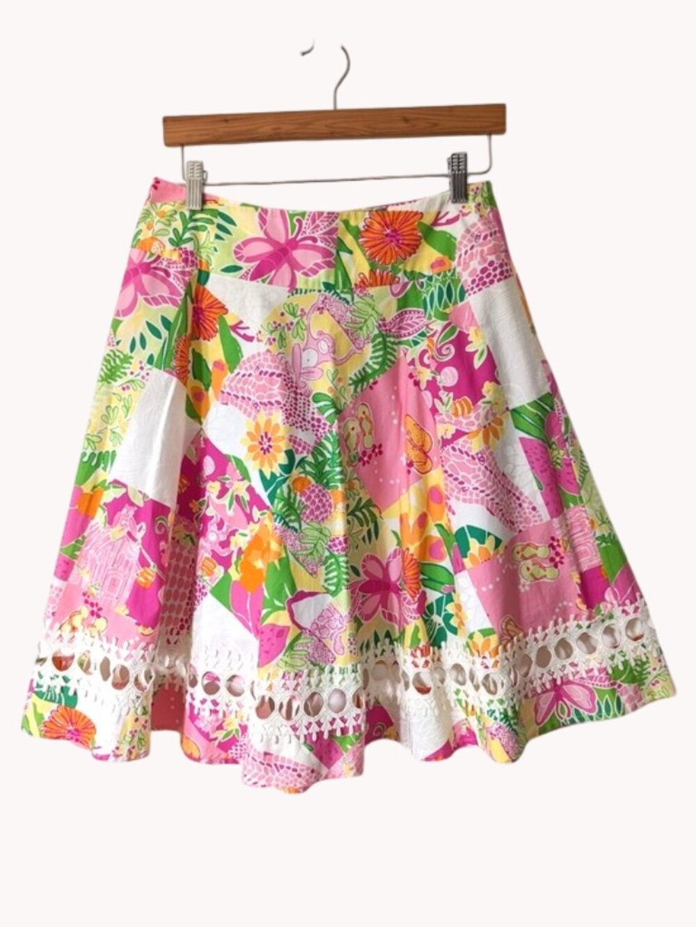 Lilly Pulitzer Cotton Pink Floral Circle Skirt‎ with Crochet Hem Size 2